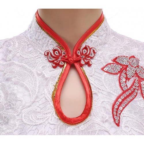White lace and red patchwork Ancient Traditional Fan Dance Younger Chinese Folk Dance Costumes 